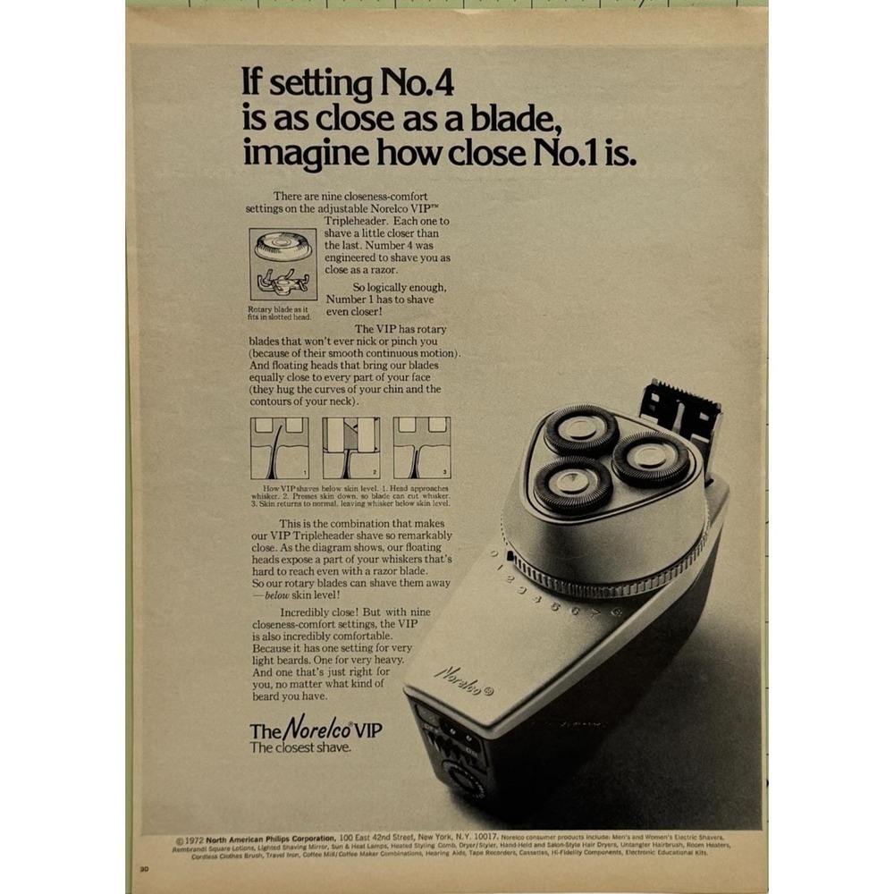 Vintage Electric Razor Norelco VIP Tripleheader Floating Heads Print Ad 1972
